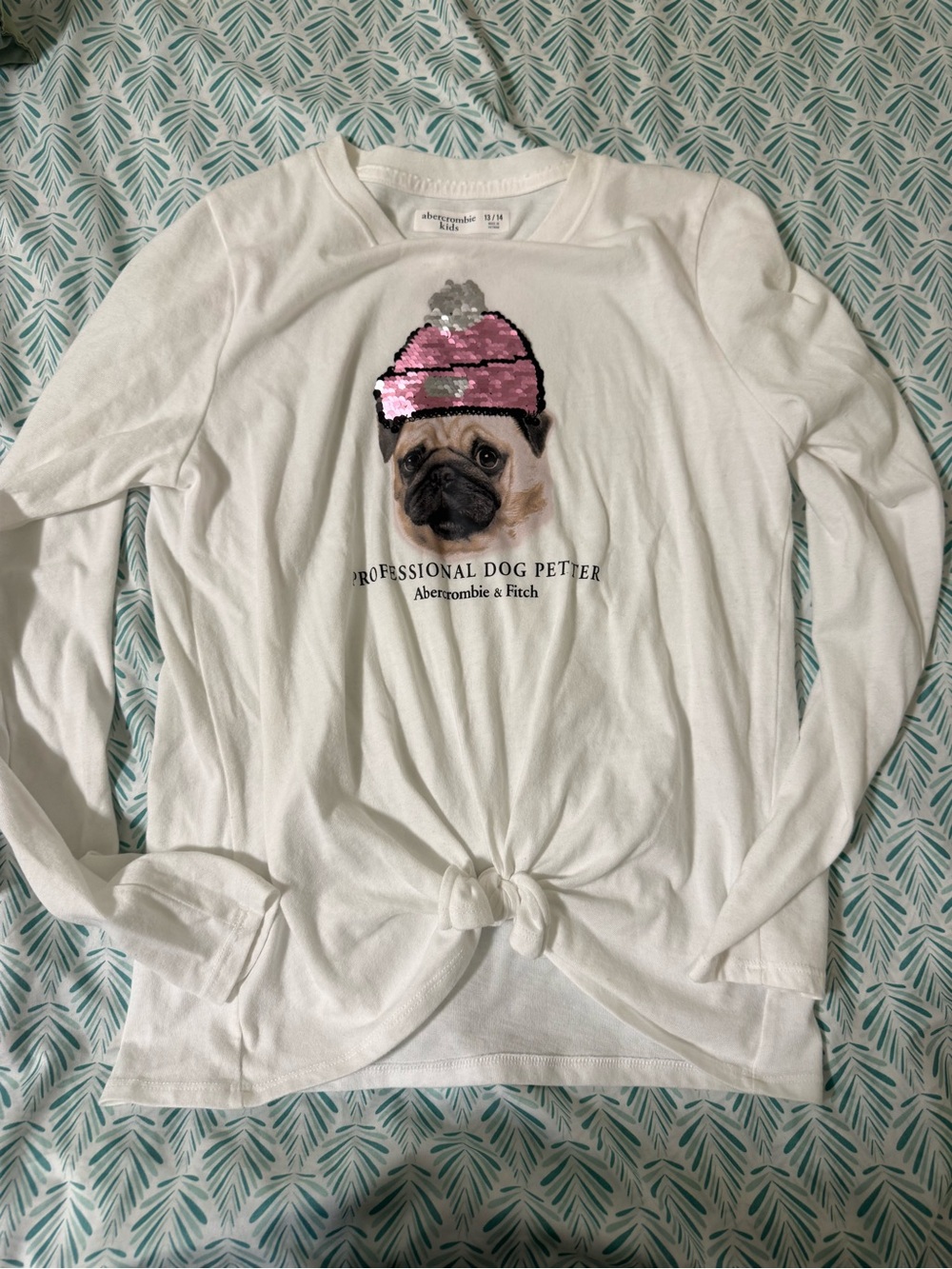 abercrombie kids White Long Sleeve Tee with Pug and Pink Sequin Hat